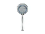 A chrome shower head with a circular spray face.