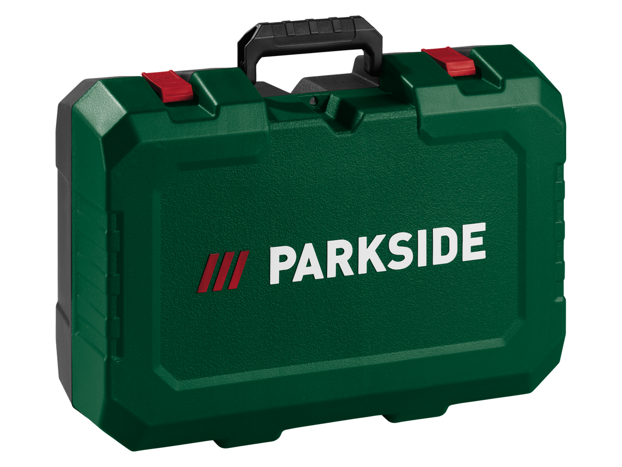 A green tool case with a black handle and red latches, featuring the brand name.