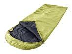 A partially unzipped green and dark gray sleeping bag.