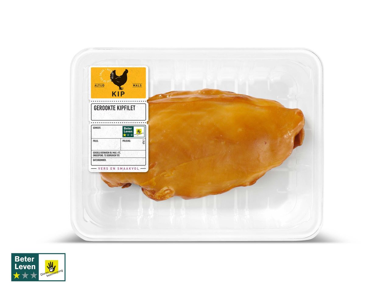 Gerookte kipfilet in plastic verpakking.