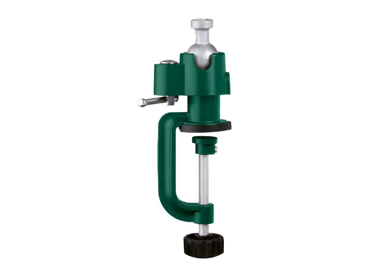 Green table clamp with a silver-colored ball joint, used for securing items.