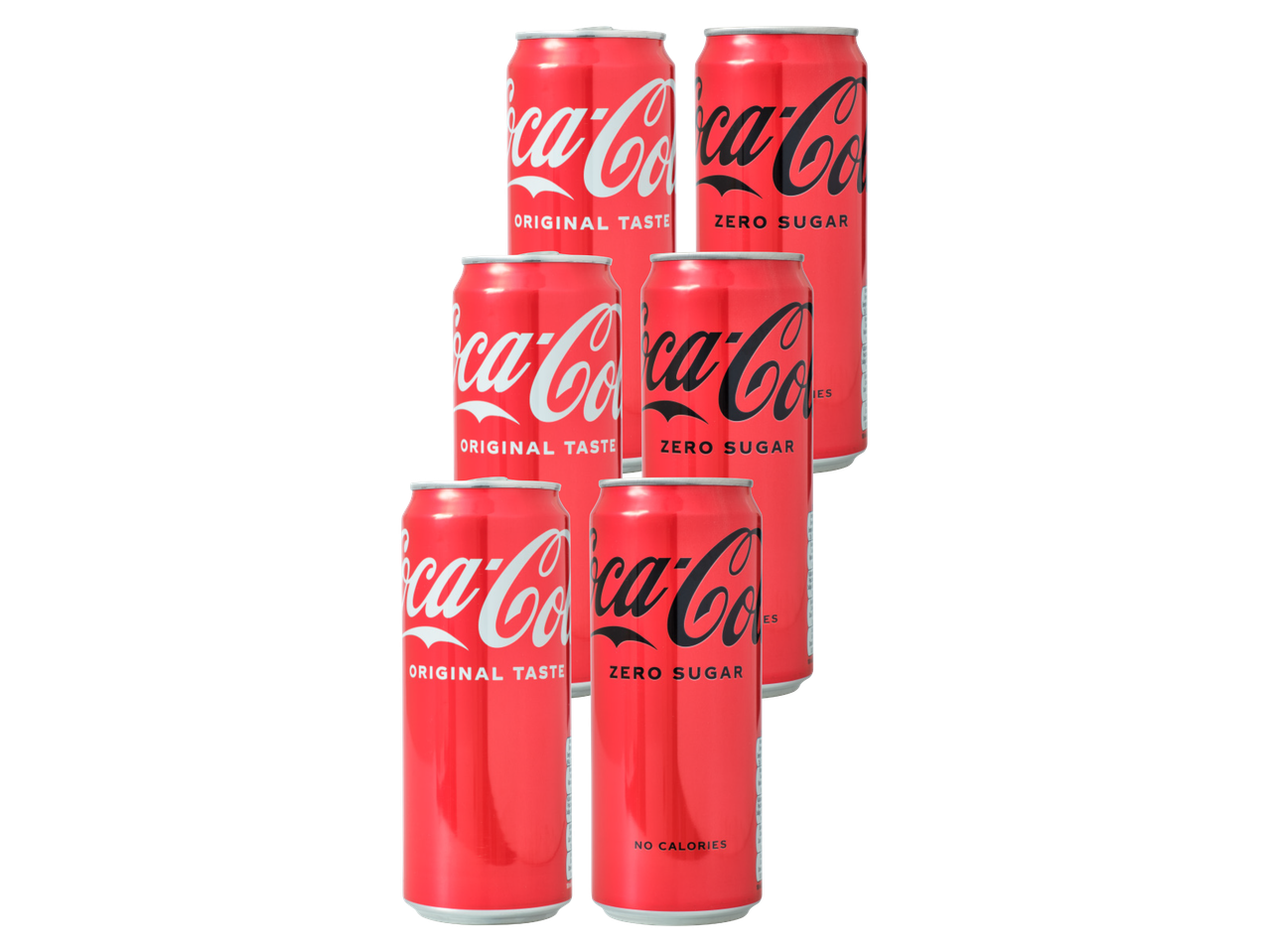 Sešas Coca-Cola bundžas: trīs Original Taste un trīs Zero Sugar.