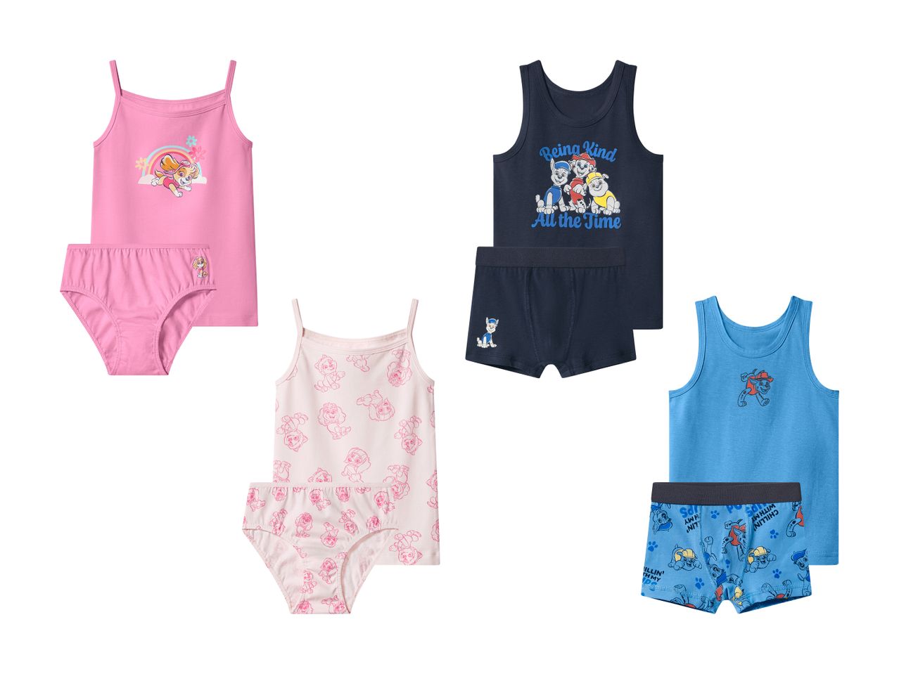 Undertøjssæt til børn med Paw Patrol-motiver, herunder toppe og trusser/boksershorts.