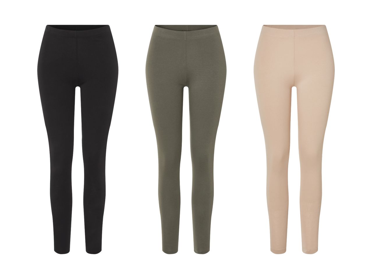 Tre par leggings i sort, oliven og beige farve.
