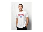 Man wearing a white t-shirt with 'ENGLAND' and a shield with three lions printed on it.