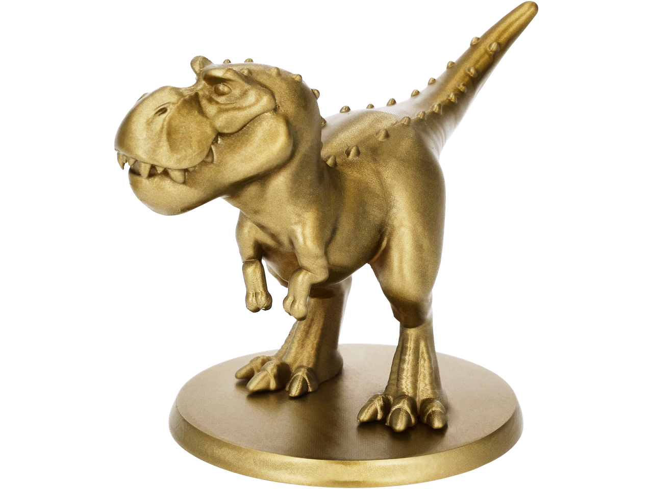 Gouden T-Rex dinosaurusbeeldje op een ronde voet.