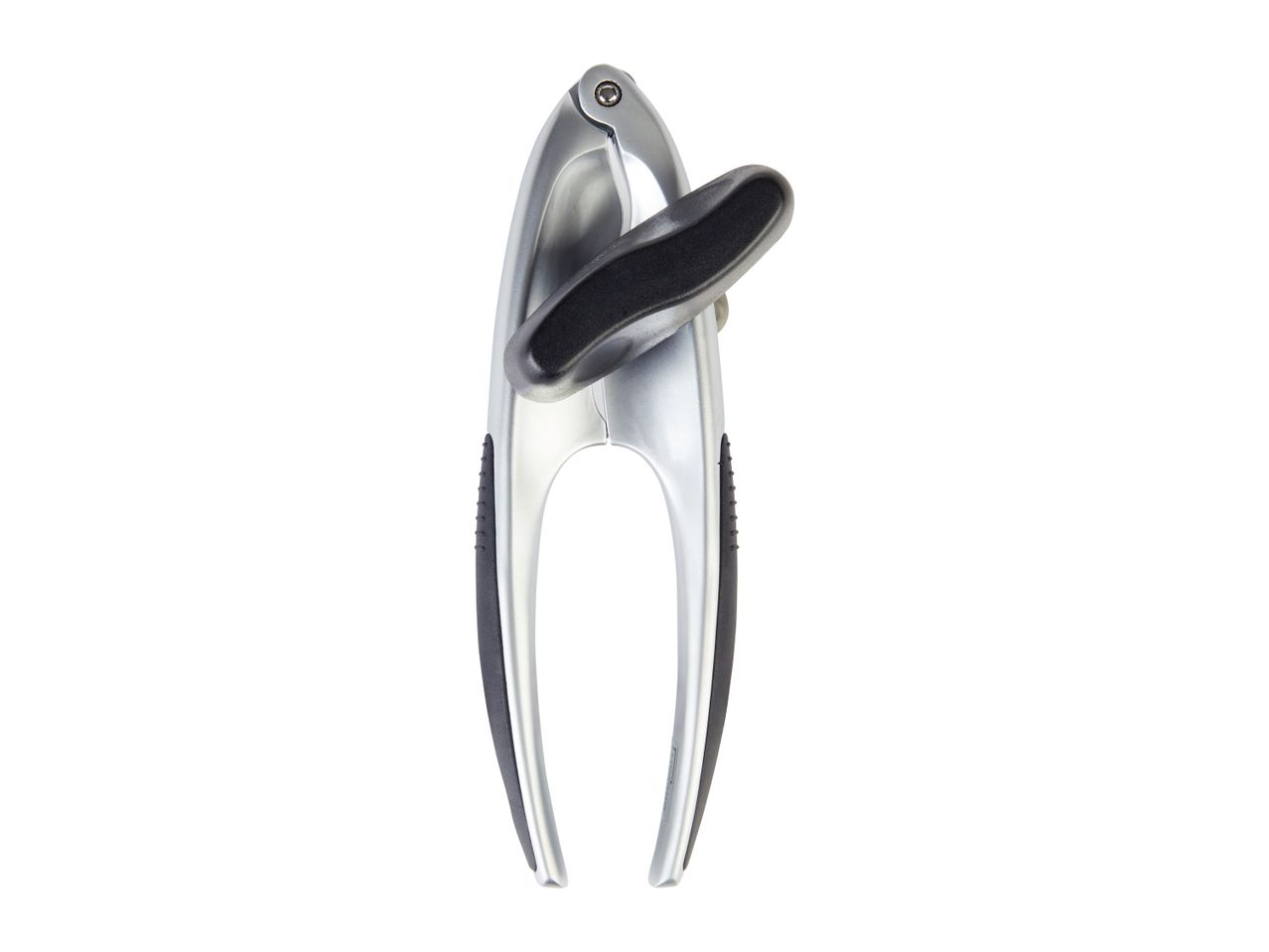 A silver and black OXO Good Grips can opener.