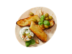 Bread, olives, and dip on a wooden board.