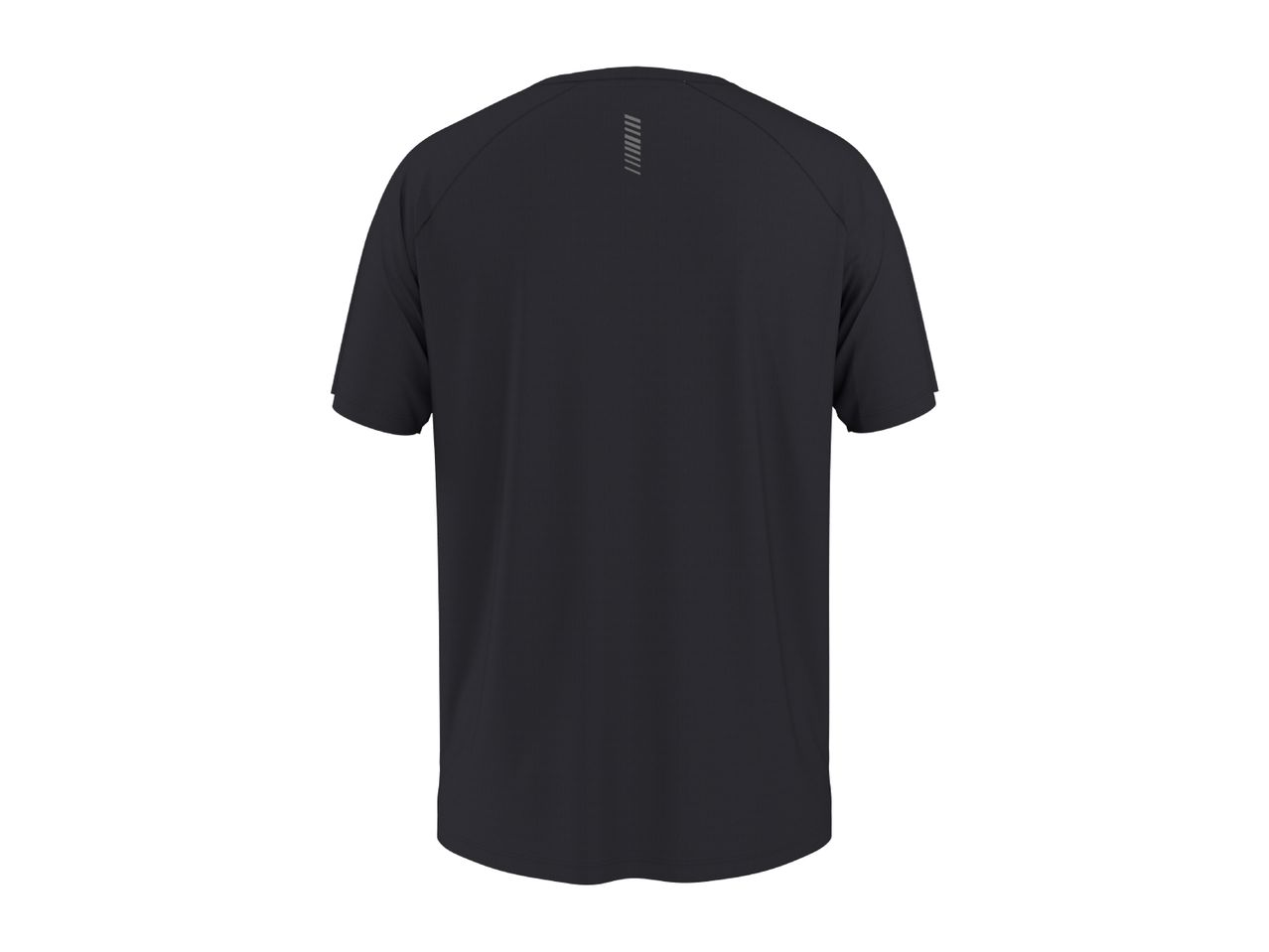 Black short-sleeved sports t-shirt with a reflective striped detail on the back.