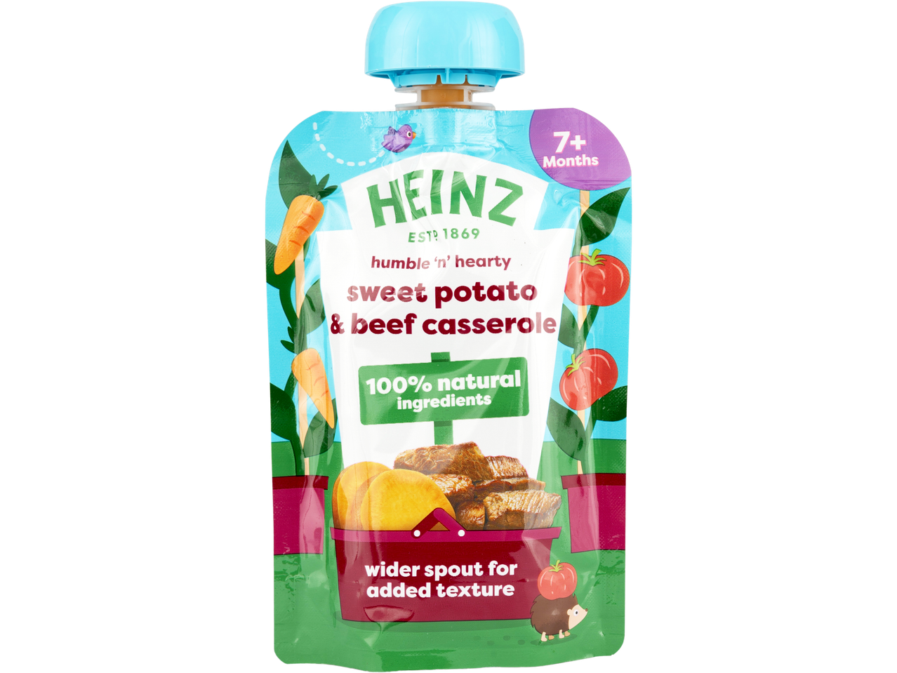 Heinz Sweet Potato & Beef Casserole baby food pouch for 7+ months.