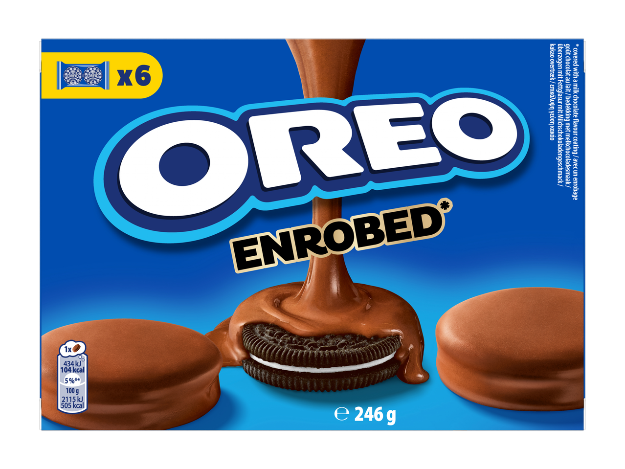 Chocoladekoekjes met melkchocoladecoating, met voedingsinformatie en gewicht.