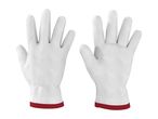 Pair of white work gloves with red cuffs, front and back view.