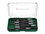 A set of black precision tweezers in a green case with a clear lid.