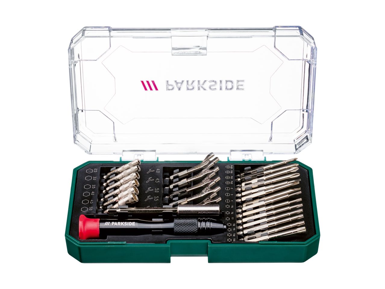 An open screwdriver bit set with various bits, including hex, Phillips, and Torx, and a handle.
