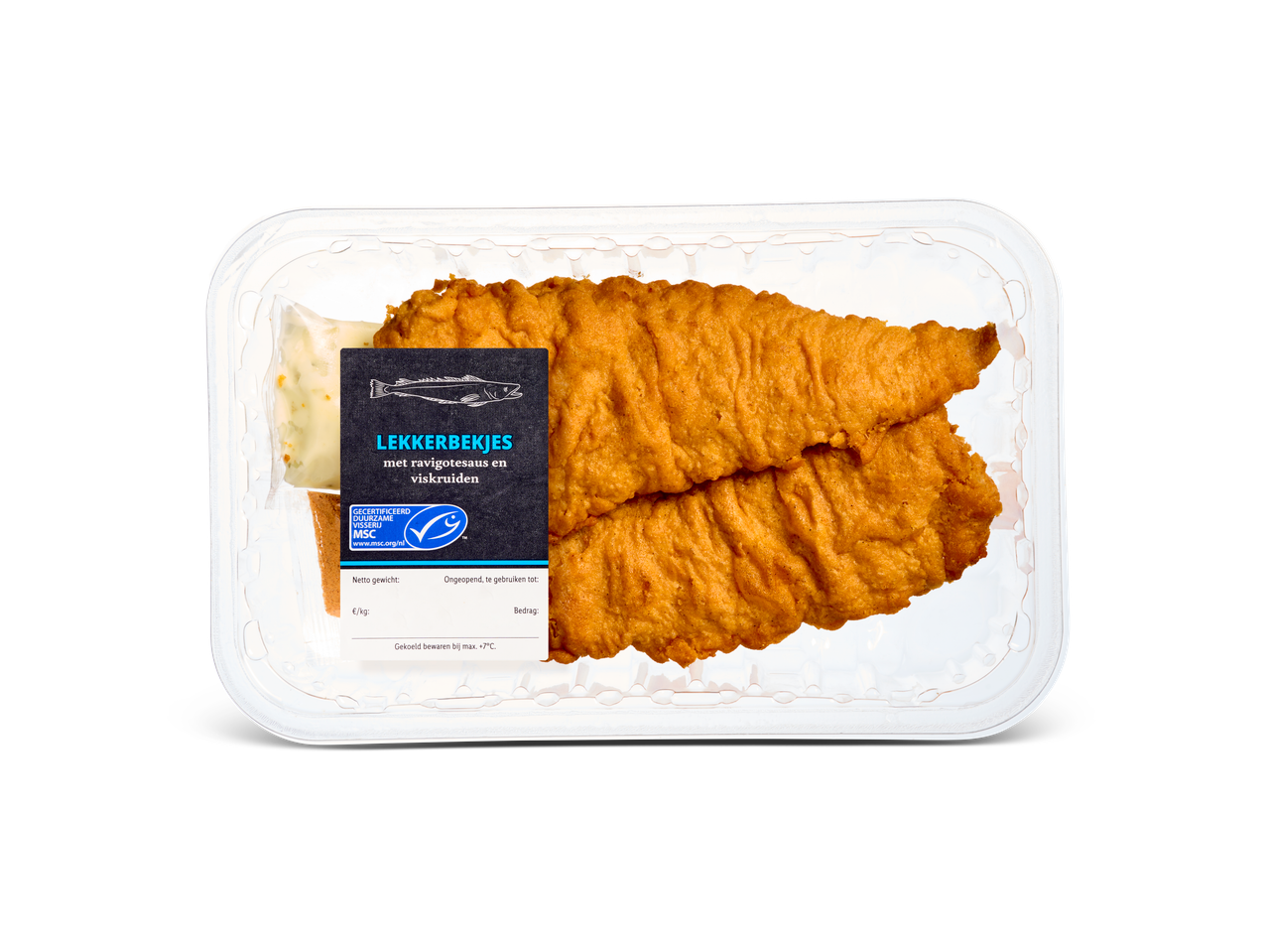 Lekkerbekjes met ravigotesaus en viskruiden in een doorzichtige plastic verpakking.