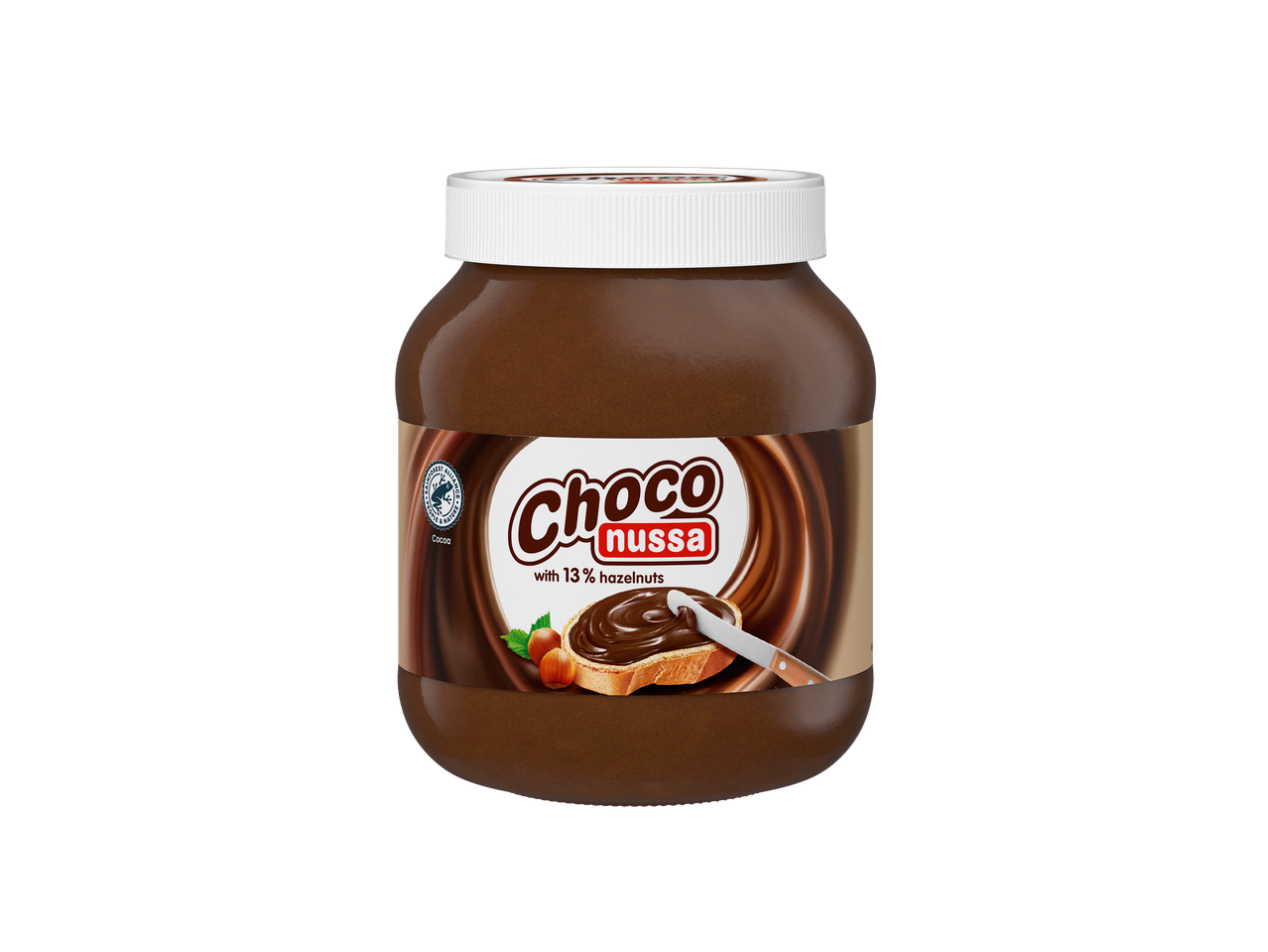 Un borcan cu cremă de ciocolată cu alune Choco Nussa.
