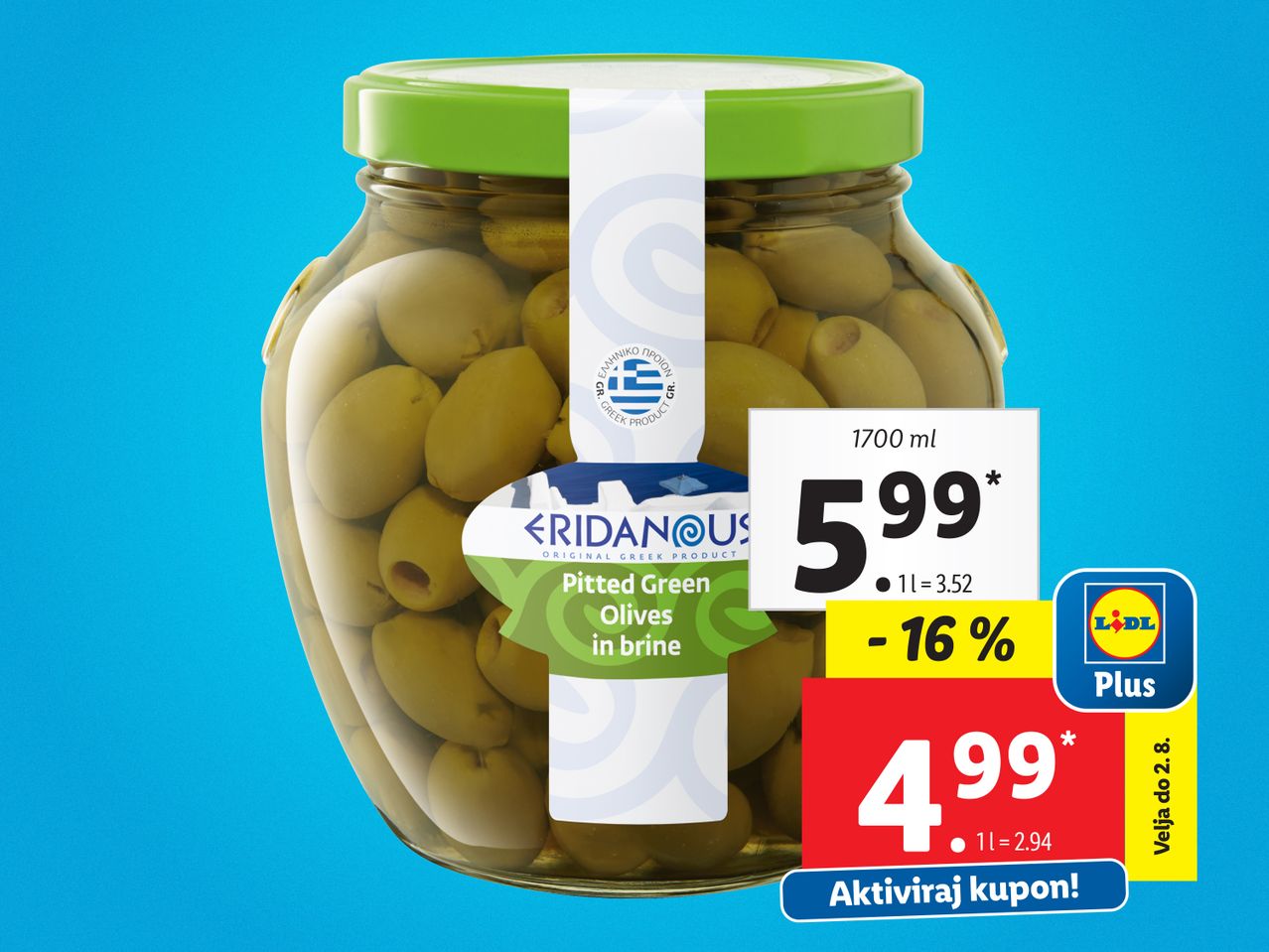 Lidl Plus ponuja 1,7 l kozarec zelenih oljk Eridanus po znižani ceni.