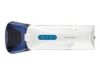 White and blue handheld garment steamer with power, steam level, and spray icons.