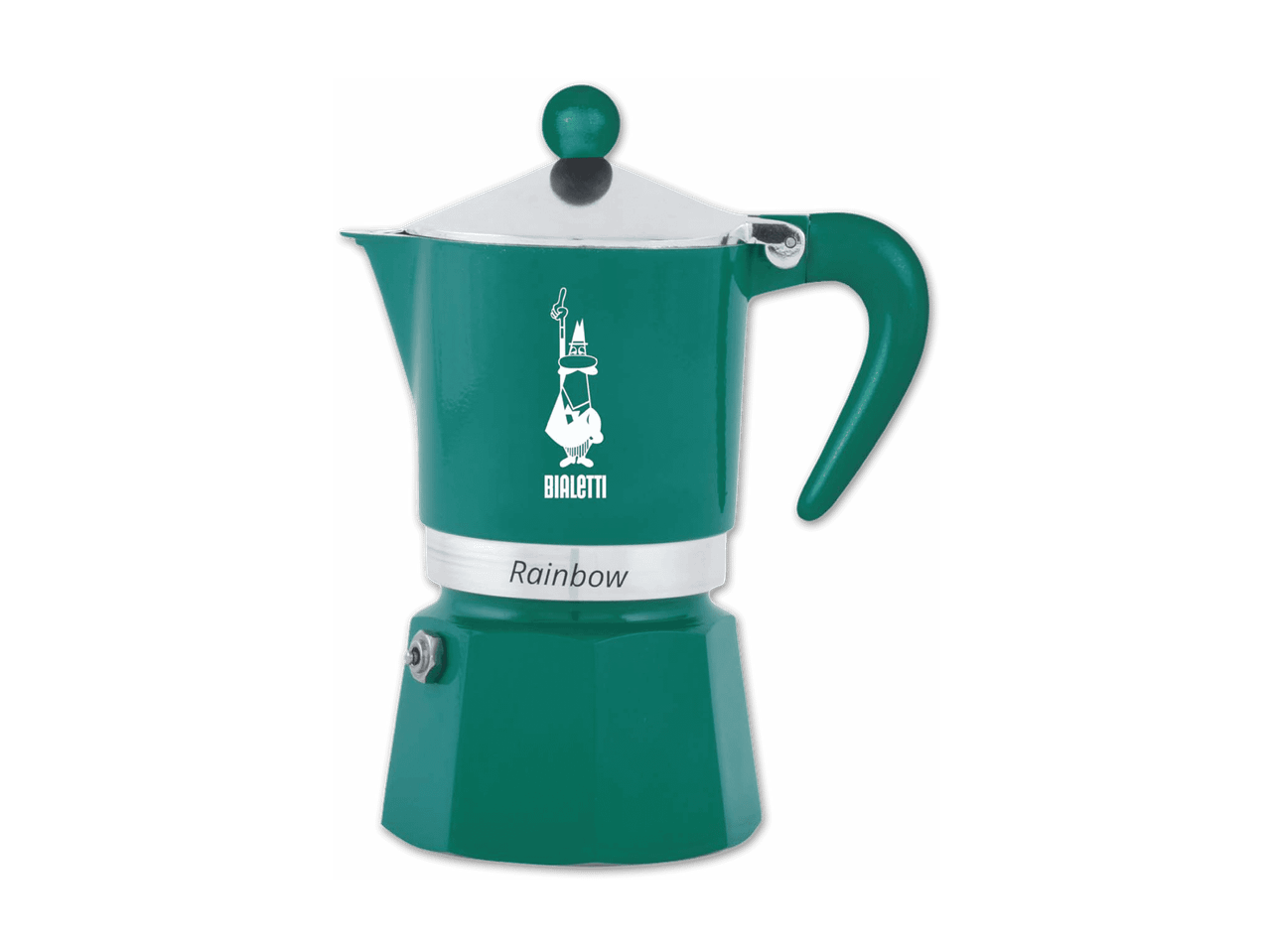 Grüne Espressokanne mit Bialetti-Logo und der Aufschrift „Rainbow“.