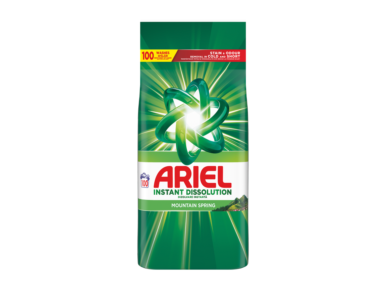 Detergent de rufe cu 100 de spălări, dizolvare instantanee și parfum de primăvară de munte.
