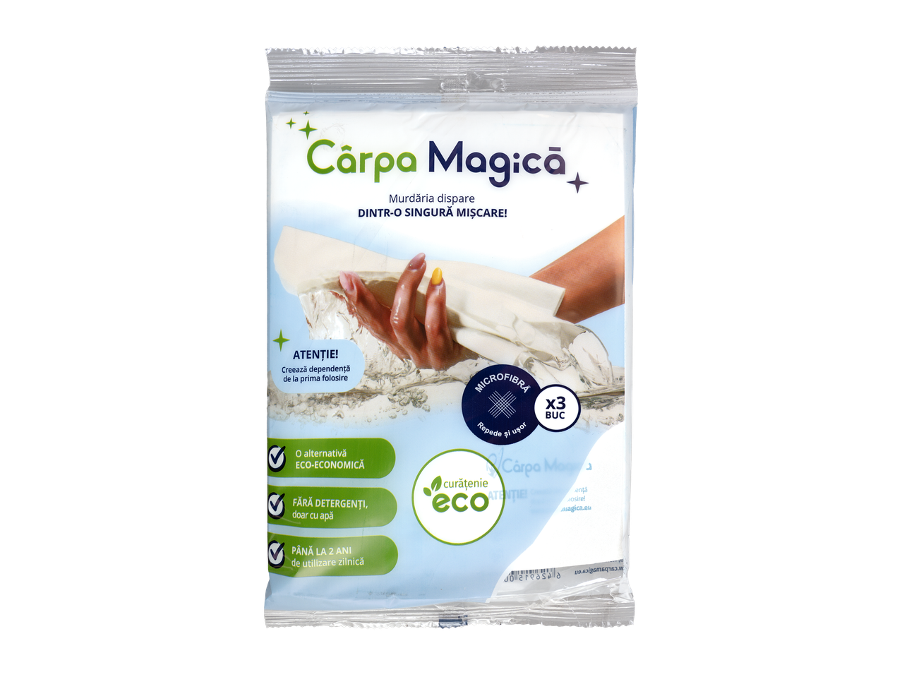 Pachet de lavete din microfibră, cu textul 'Cârpa Magică' și beneficii ecologice.