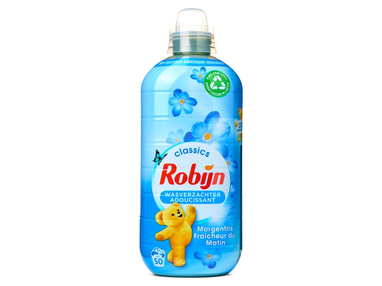 Robin Classics wasverzachter: blauwe fles met teddybeer en bloemen.