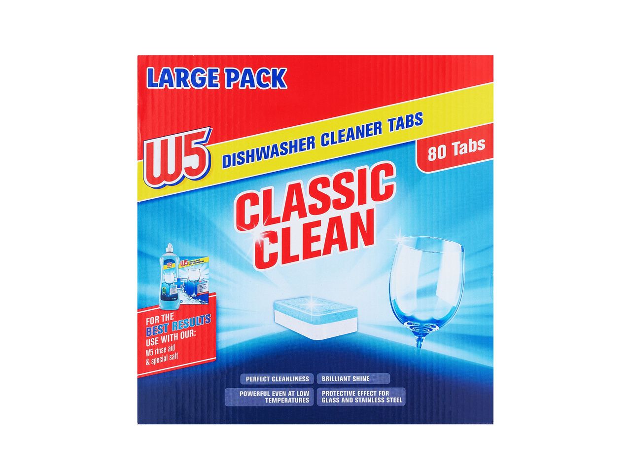 W5 Classic Clean indų ploviklio tabletės, didelė pakuotė (80 tablečių).