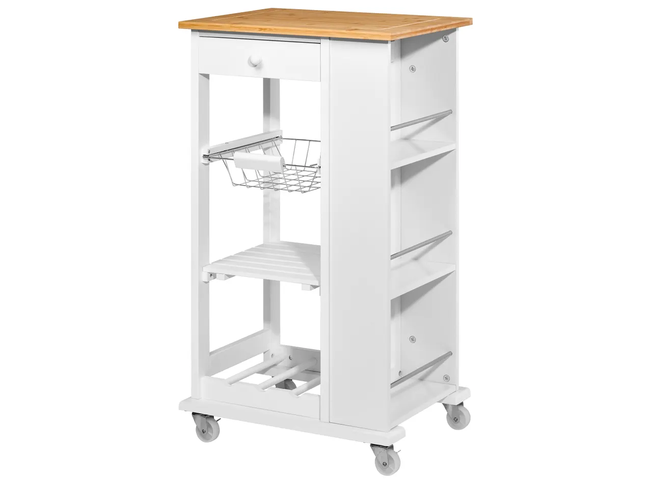 Бяла кухненска количка с дървен плот, чекмедже, кошница, рафтове и поставка за бутилки.