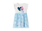 White and blue short-sleeved dress with cartoon characters and a sequin heart.