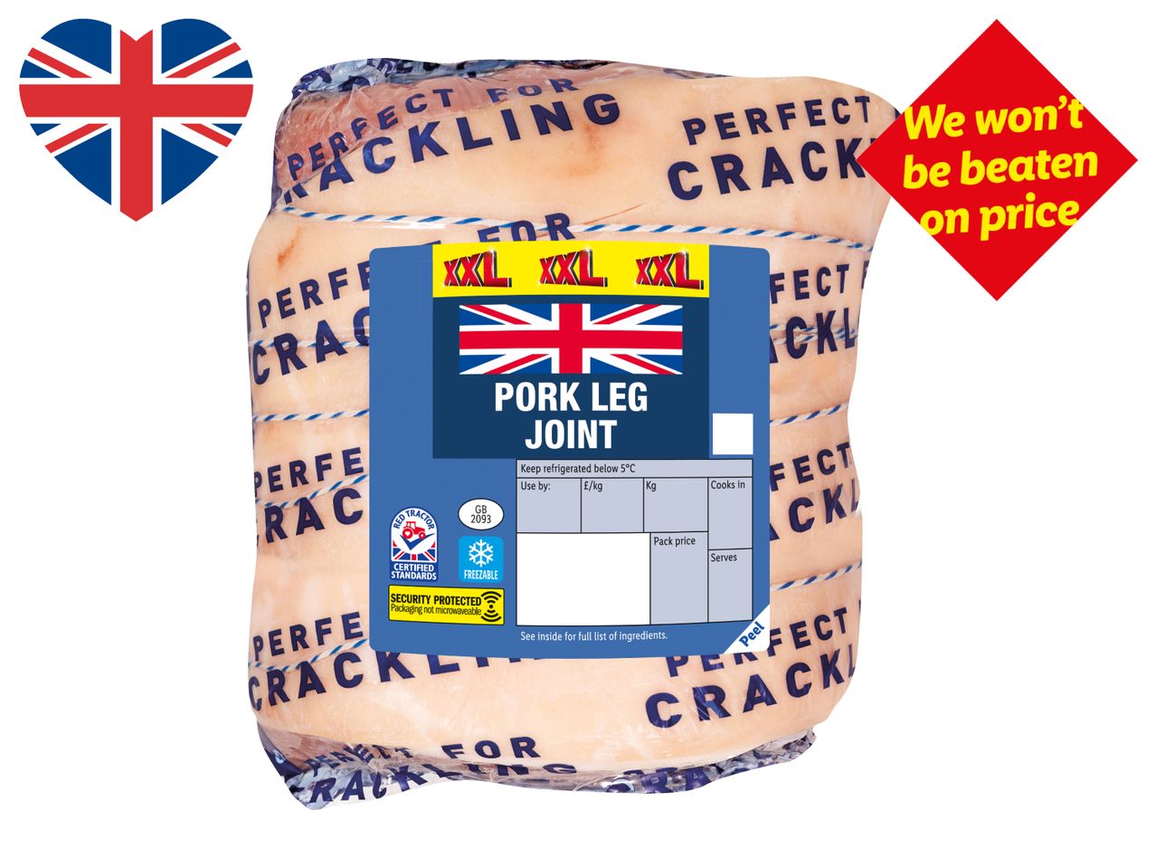 Pork leg joint with a Union Jack flag, labeled 'Perfect for Crackling' and 'We won't be beaten on price'.