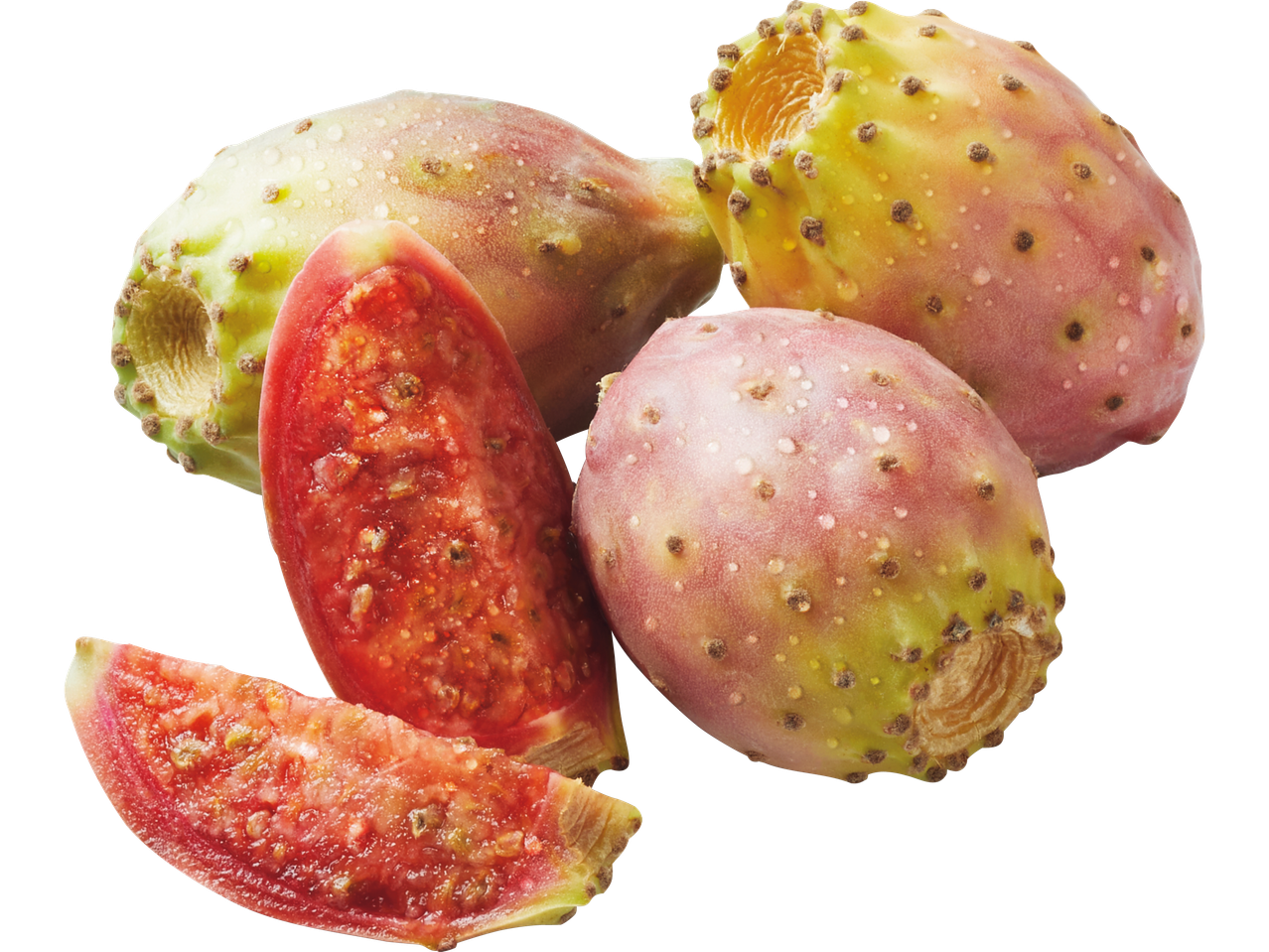Fikonkaktusfrukter, hela och skurna.