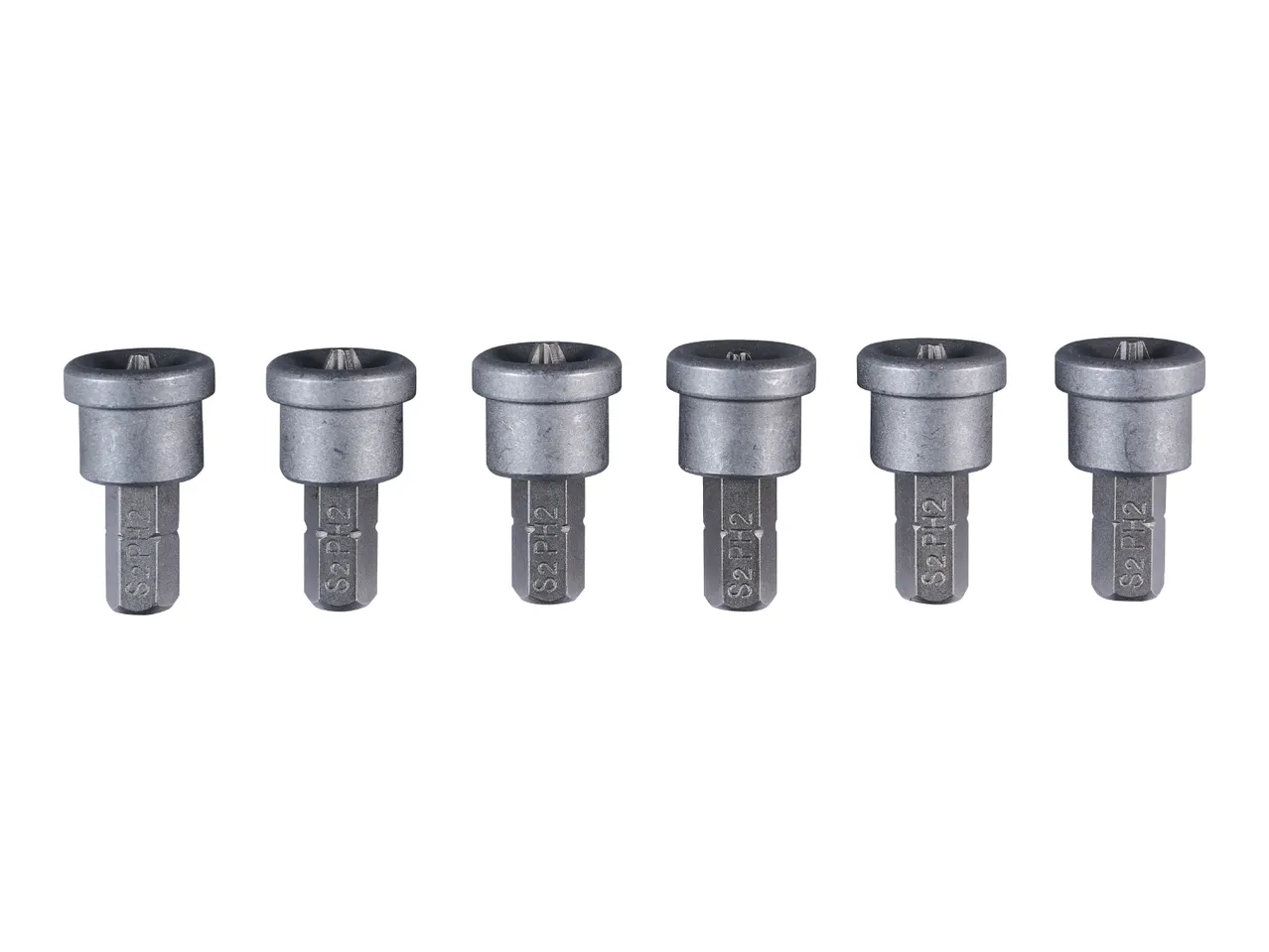 Six magnetic screwdriver bits with S2 PH2 markings, arranged in a row.