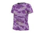 Purple short-sleeved sports t-shirt with a camouflage pattern and diagonal stripes.