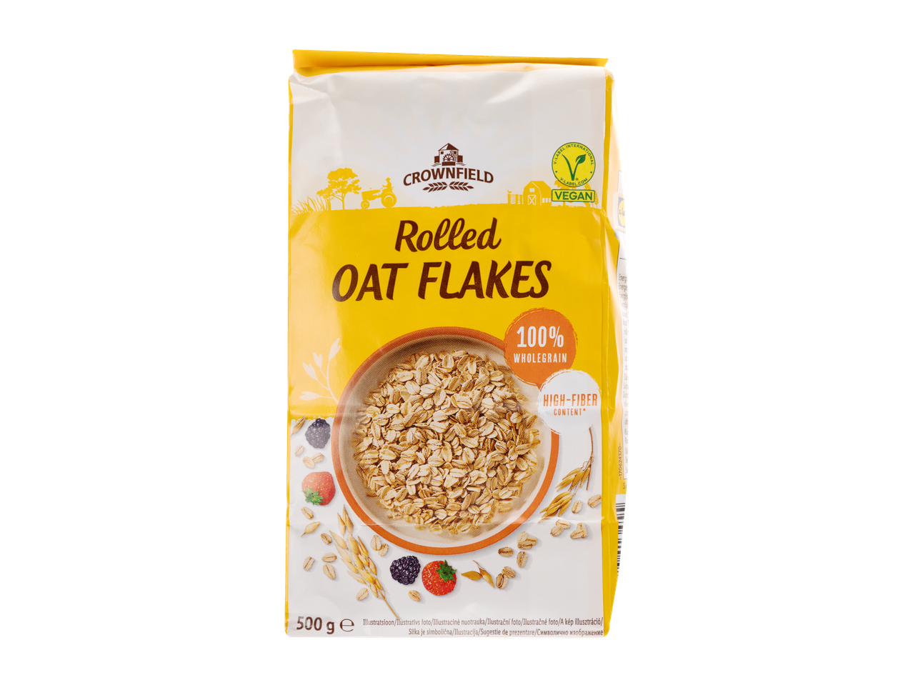 Fulgi de ovăz Crownfield, 100% integral, conținut ridicat de fibre, vegani.