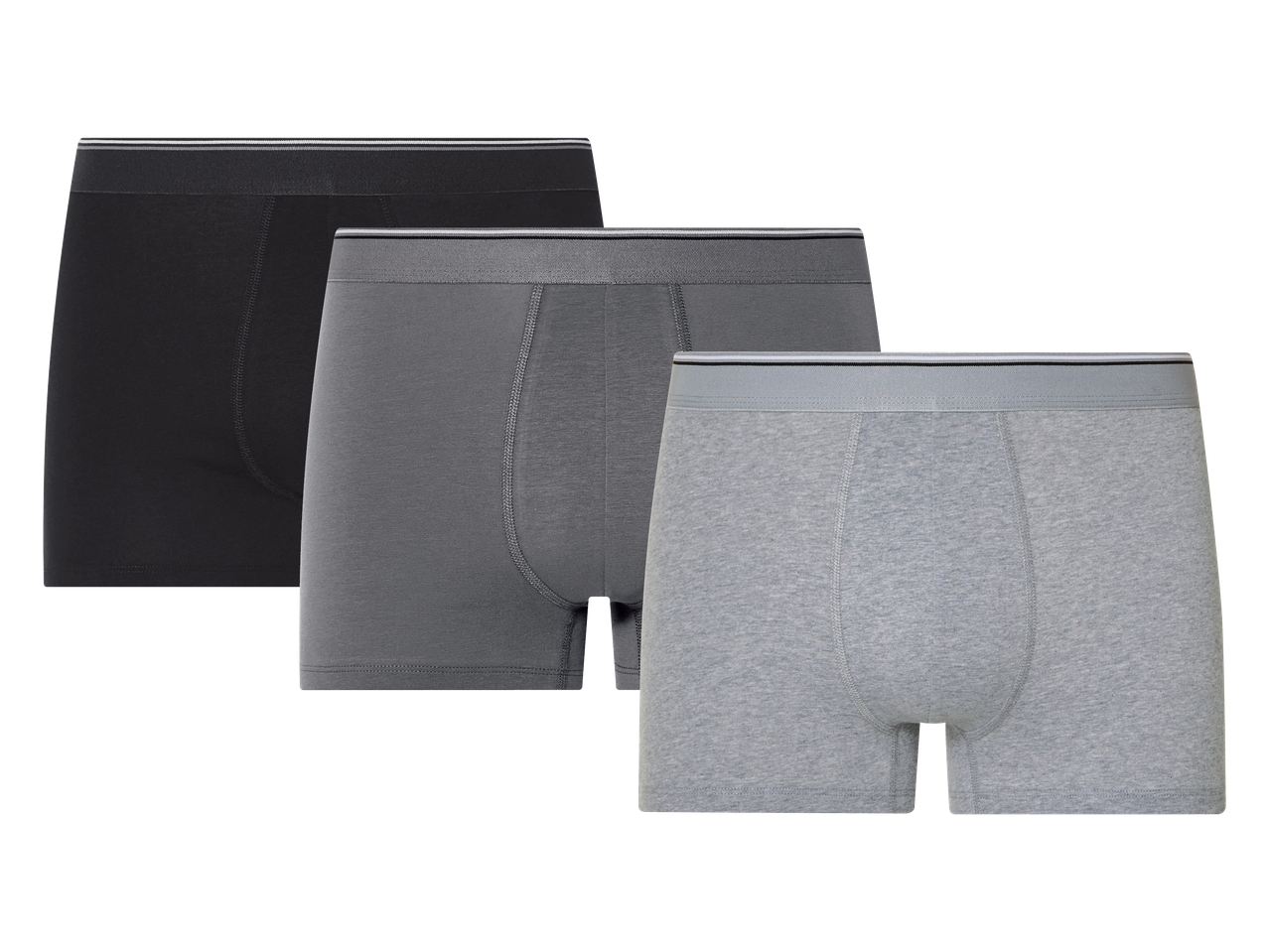 Pakiranje od tri muške bokserice u crnoj, tamnosivoj i svijetlosivoj boji.