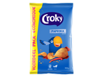 Croky Paprika Flatchips in een blauwe zak met een cartoonvogel, 300g, glutenvrij en vegan.