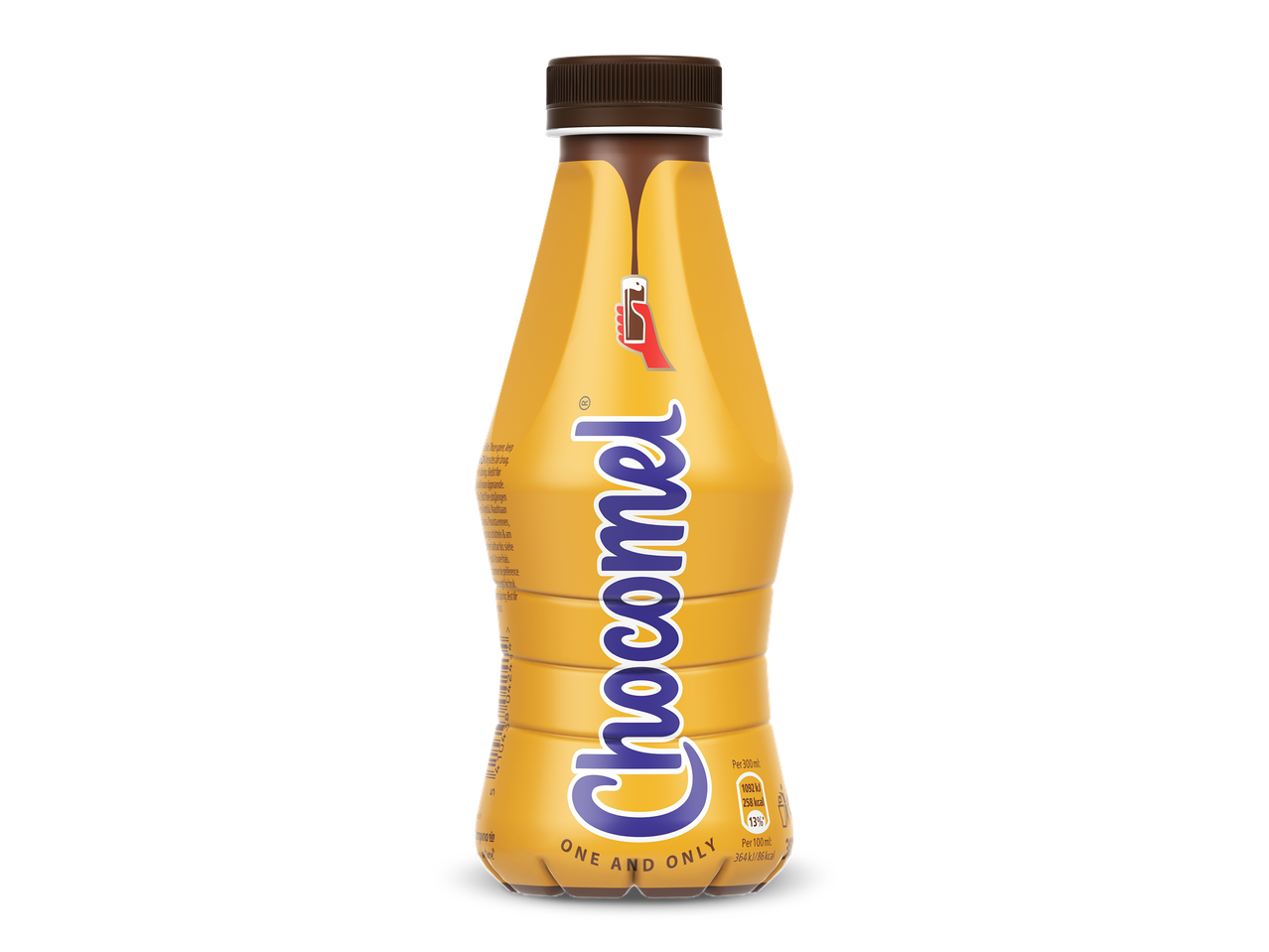 Een fles chocolademelk met de tekst 'Chocomel One and Only' en voedingsinformatie.