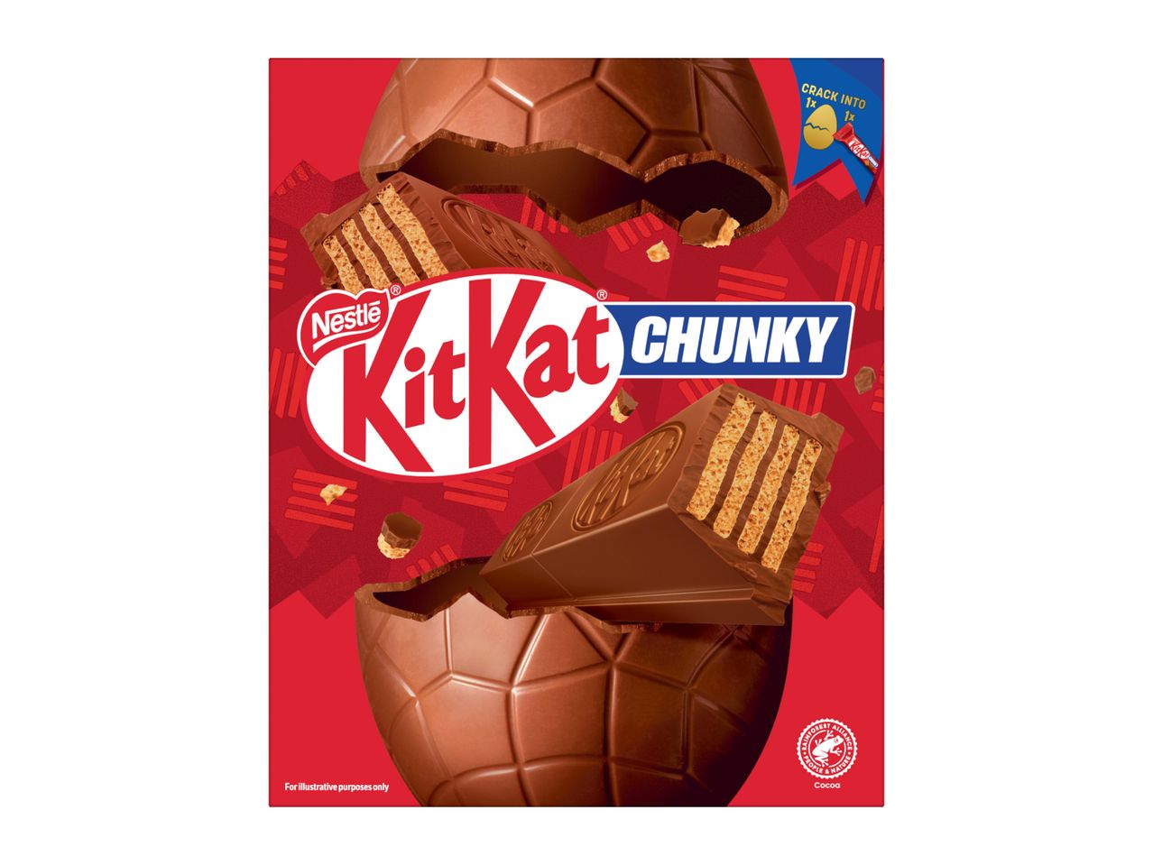 A chocolate Easter egg with a chocolate bar inside, on a red background.