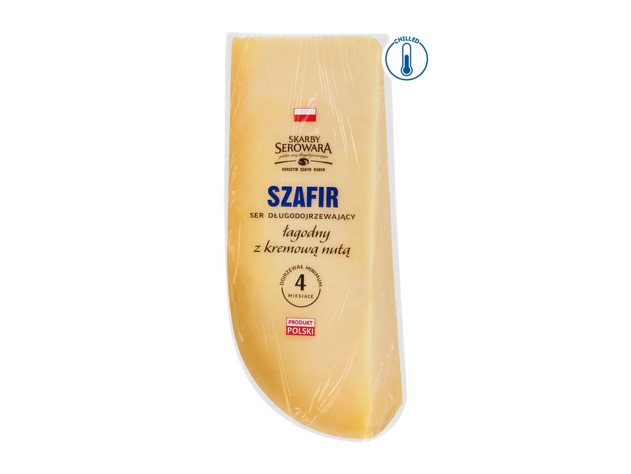 A wedge of Szafir long-aged cheese with a creamy note, wrapped in plastic, with a 'Chilled' icon.