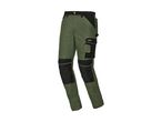 Green and black work trousers with multiple pockets and reflective accents.