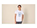 A man in a white t-shirt with a blue sardine can graphic that says 'Simply Delicious'.