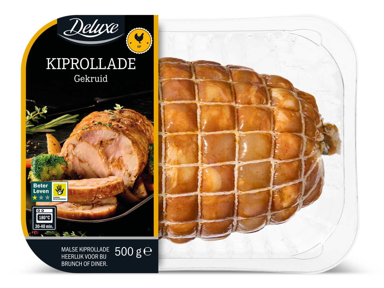 Deluxe gekruide kiprollade in verpakking, met een serveersuggestie van gesneden kip, groenten en aardappelen.