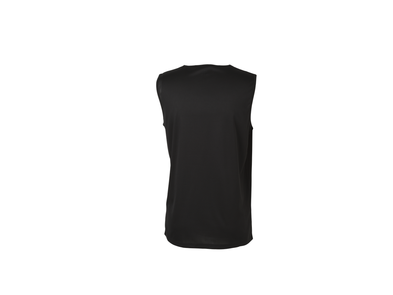 Top desportivo preto sem mangas para homem, vista traseira.