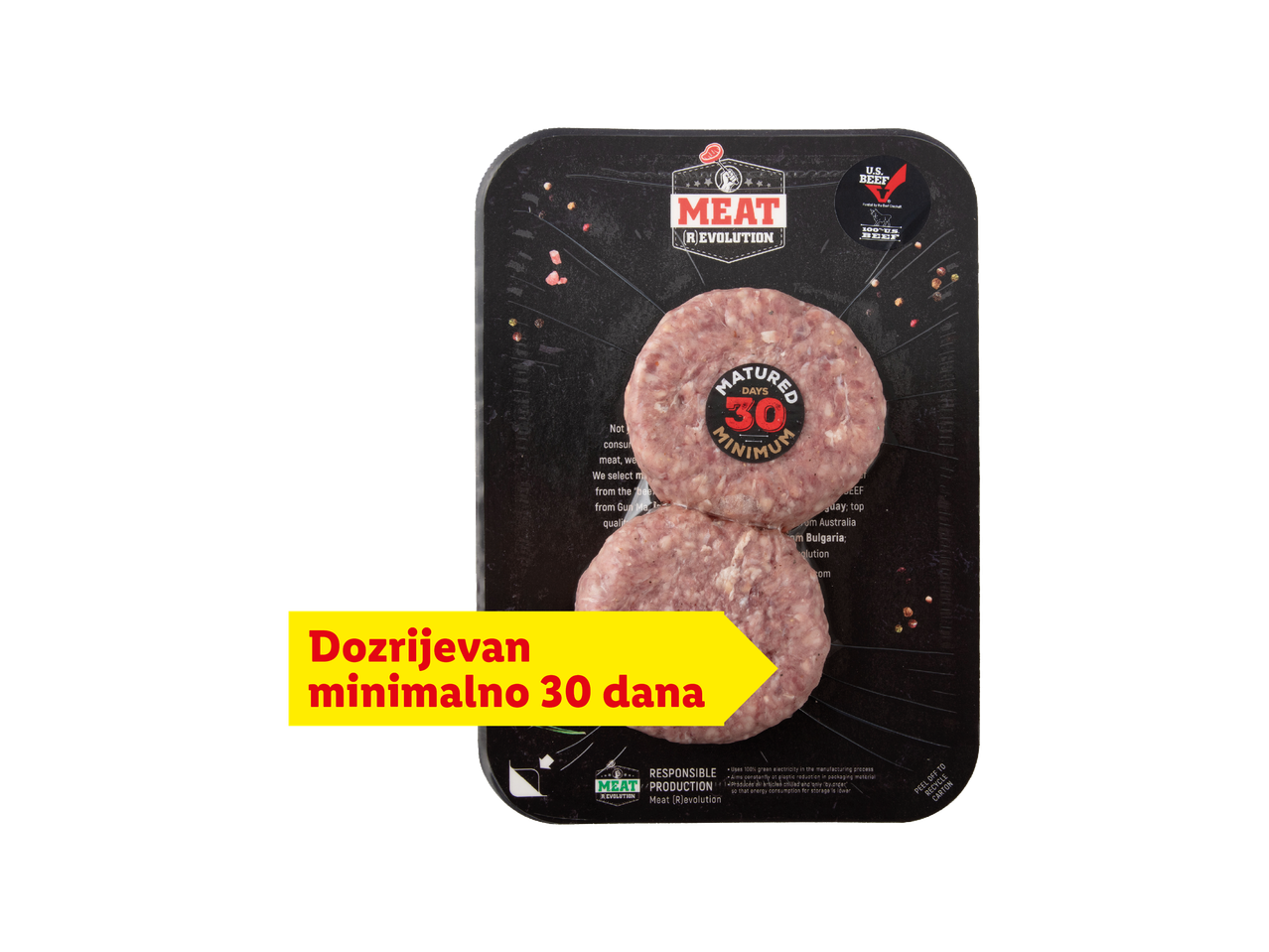 Pakiranje mljevenog mesa s natpisom 'Dozrijevan minimalno 30 dana' i oznakom 'MATURED 30 DAYS MINIMUM'.