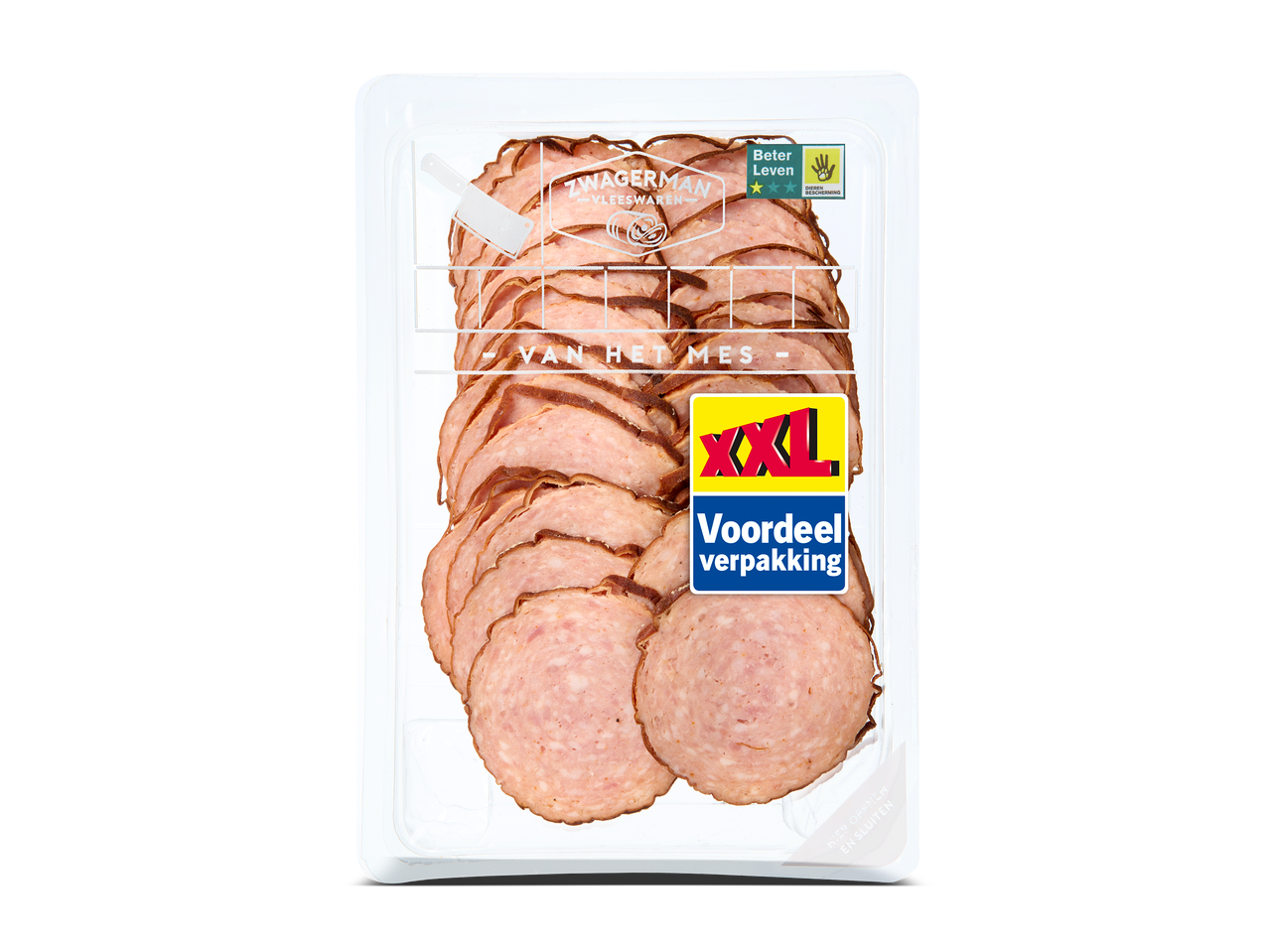 Verpakking gesneden vleeswaren met 'XXL Voordeelverpakking' en 'Beter Leven' keurmerk.