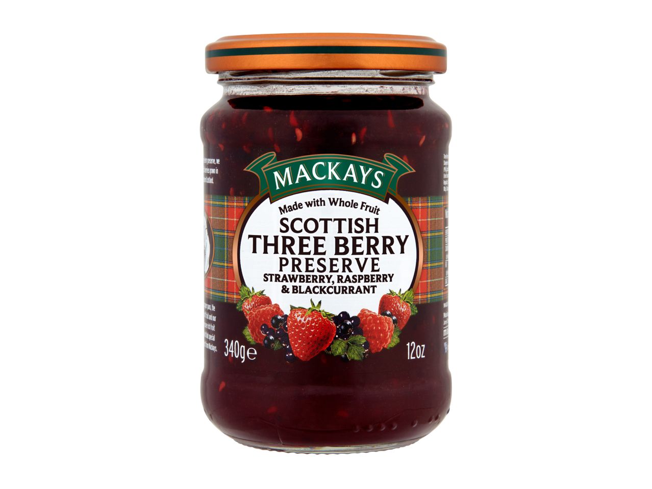 Mackays Scottish Three Berry Preserve with strawberry, raspberry, and blackcurrant.