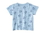 Light blue children's t-shirt with a playful shark and fish pattern, back view.
