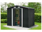 Dark grey metal garden shed with open doors, revealing a ladder, boots, and apples.