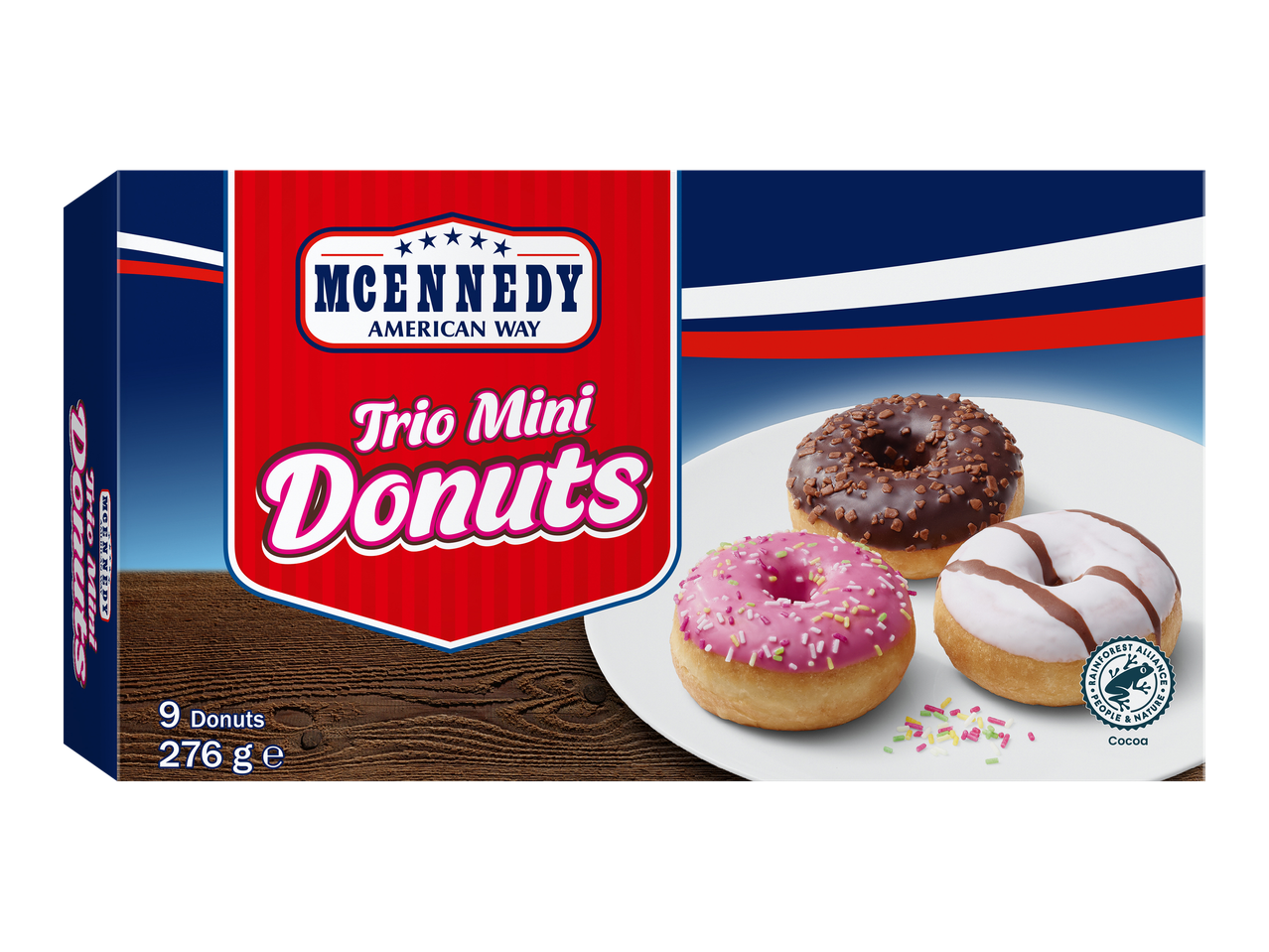 McEnnedy Trio Mini Donuts box with chocolate, pink, and white frosted donuts.