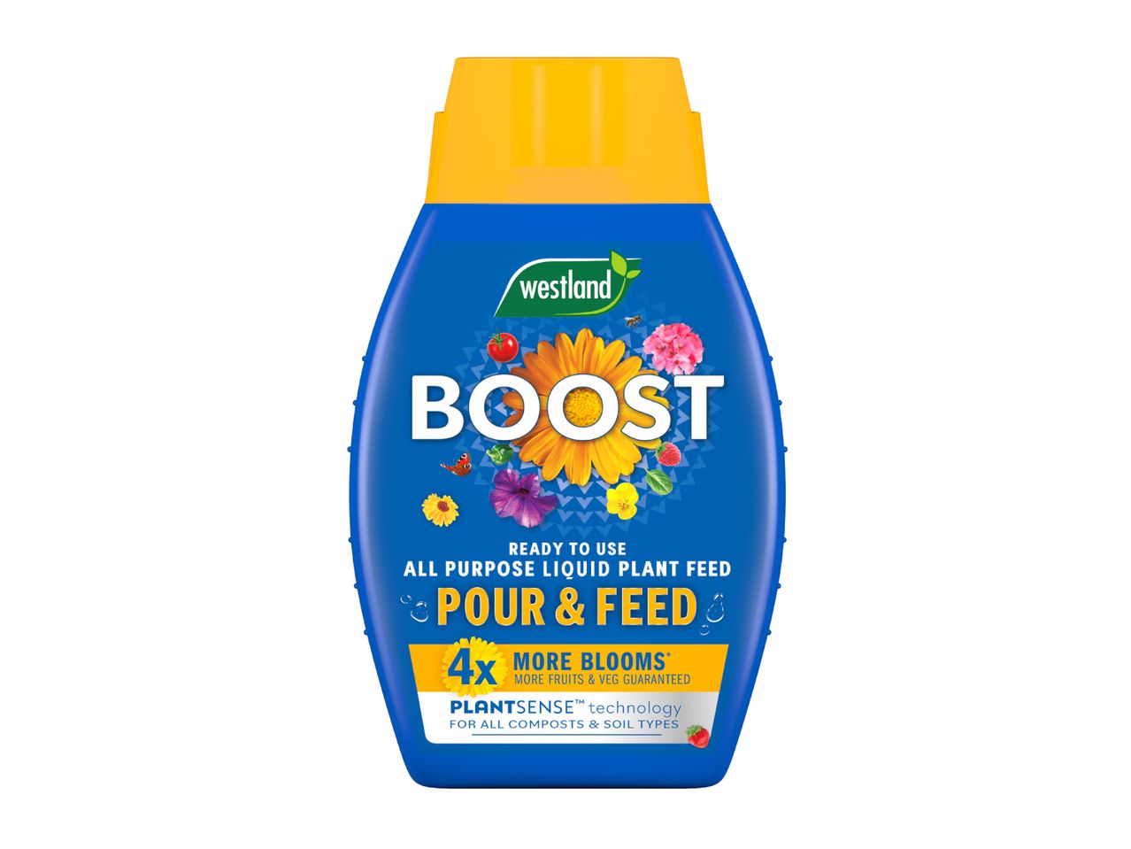 Blue bottle of all-purpose liquid plant feed with a yellow cap, featuring flowers and fruits.